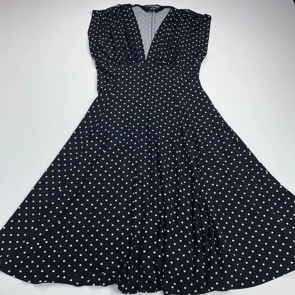 Norma Kamali Polka Dot Swing Dress Black White V-Neck Midi Flared A-Line Size L - Picture 12 of 12